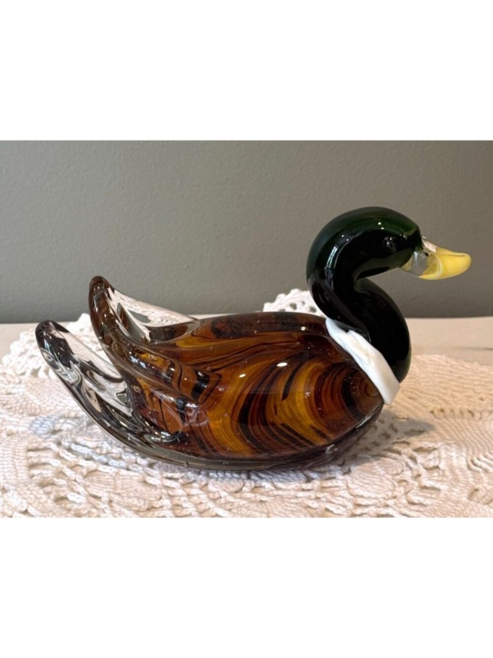 Vintage Hand Blown Art Glass Mallard Duck Figurine Brown Swirl Glass Waterfowl D
